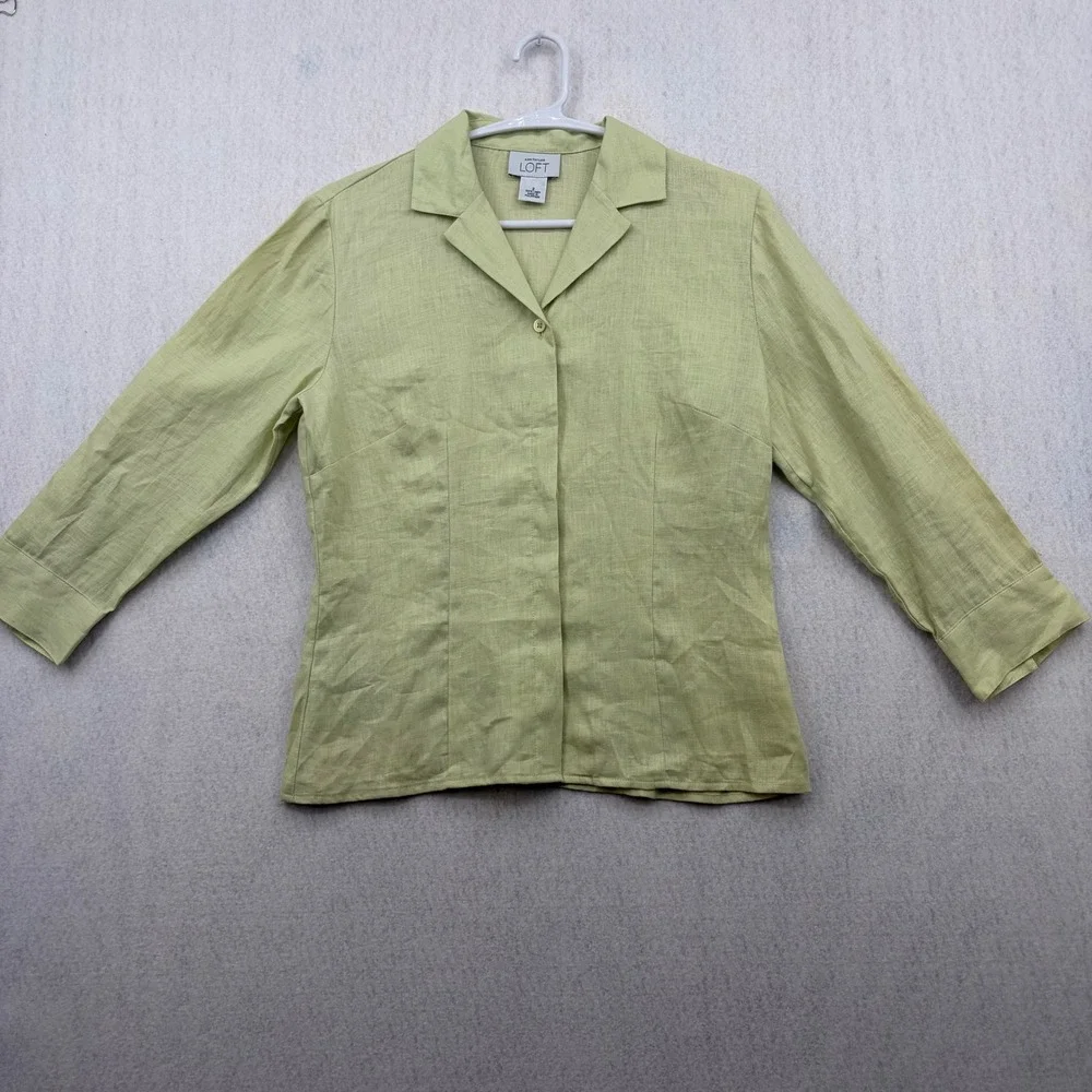 Ann Taylor Loft Womens 2 Green 100% Linen 3/4 Sleeve Button Up Shirt Blouse